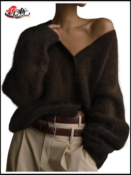 Sweaters - V Neck Fuzzy Knit Cardigan Sweater Button Down Slouchy Long Sleeve